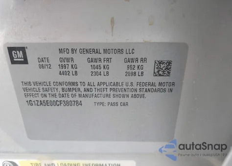 2012 Chevrolet Malibu Ls z USA, uszkodzony, nr VIN 1G1ZA5E00CF380784